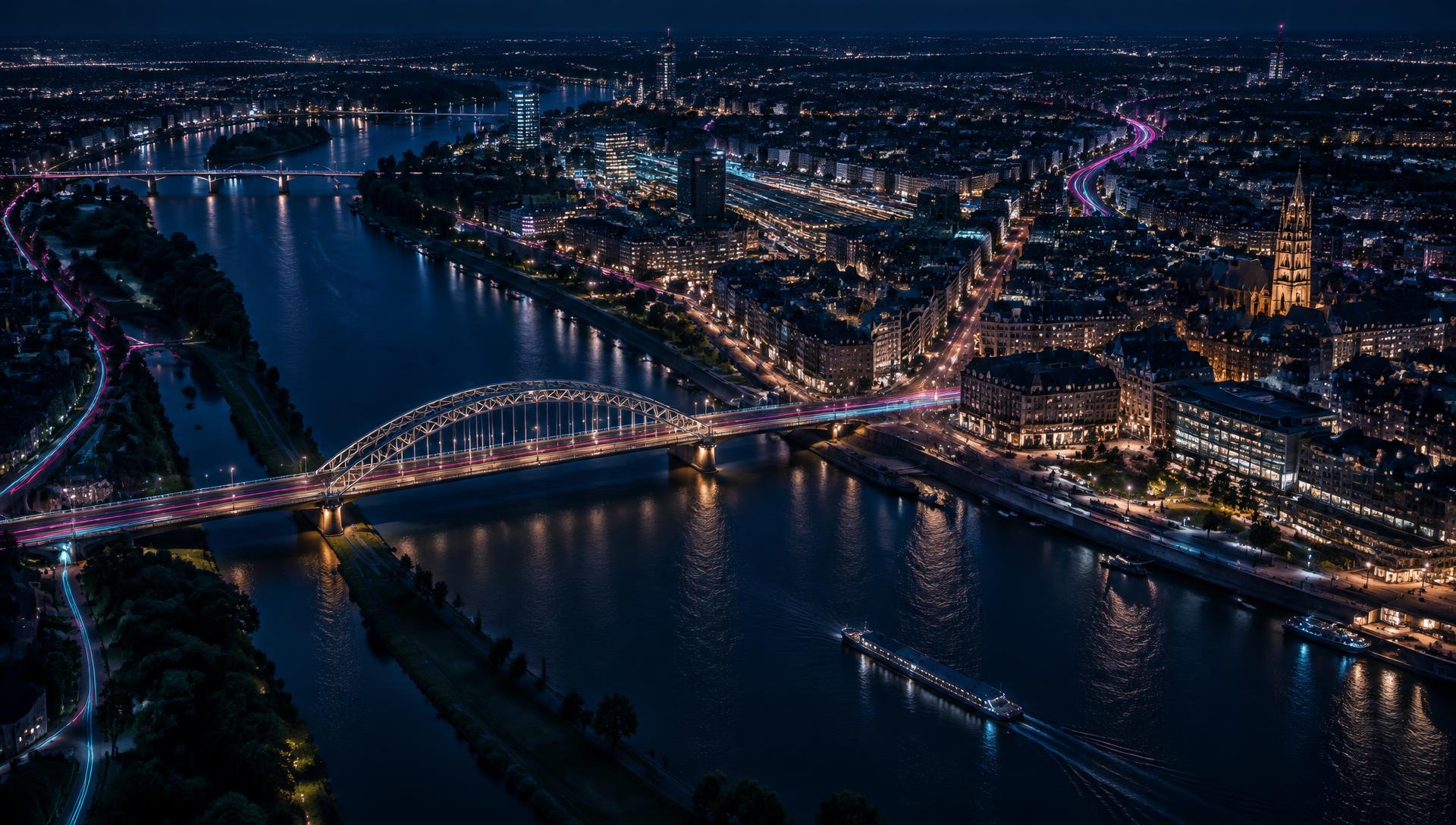 Aerial night view of Arnhem with the river Rijn